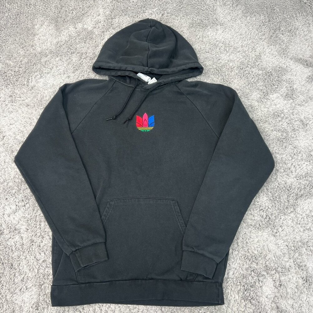 Adidas Hoodie Mens Medium Black Sweatshirt 3D Embroidered Trefoil Pocket
